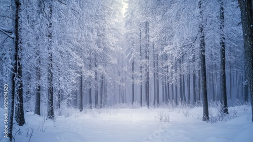 A serene winter forest scene with snow-covered trees and a misty atmosphere.