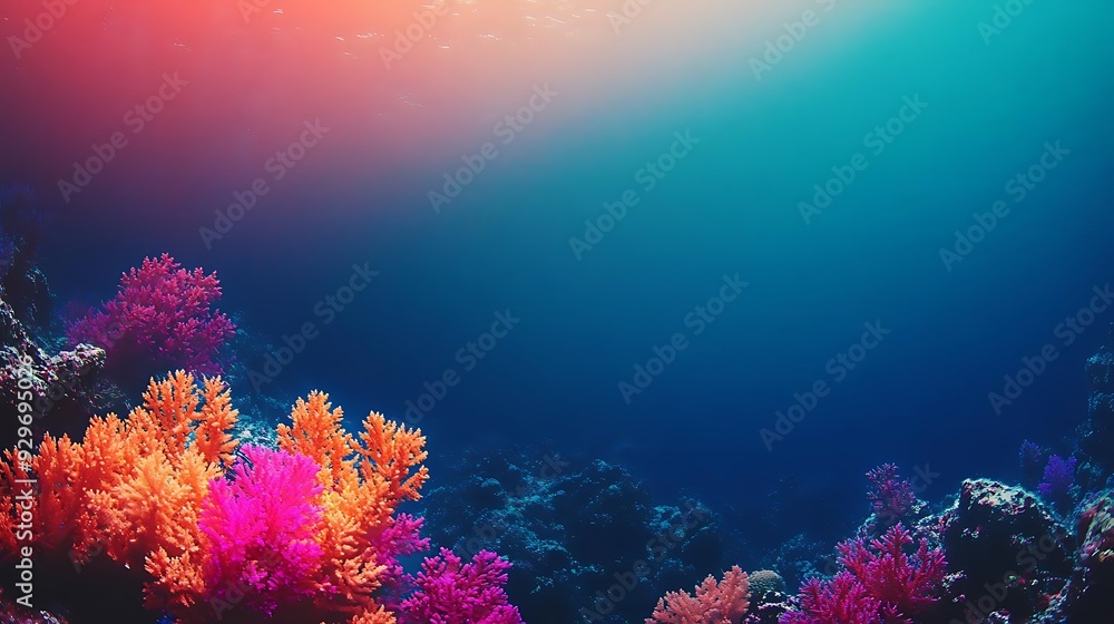 Fototapeta premium Underwater Coral Reef Background - Colorful Corals, Blue Ocean, Sun Rays