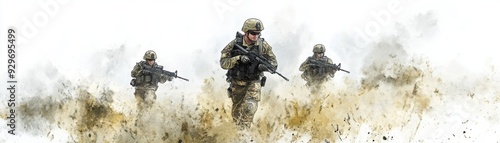 Dynamic military soldiers advancing through dust with determination, showcasing teamwork and bravery in action.