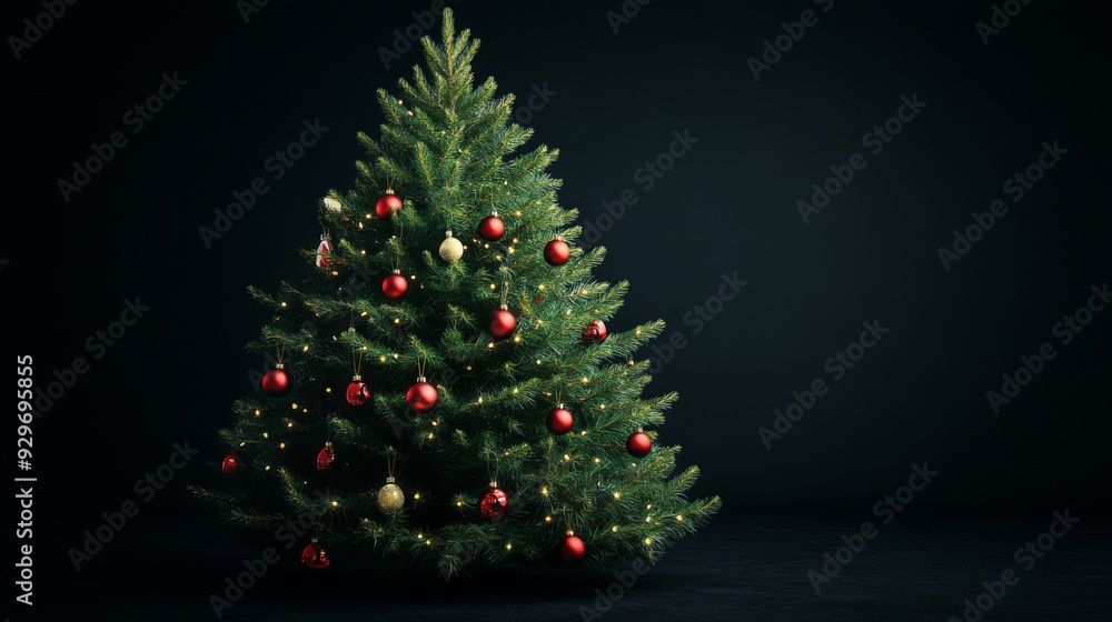 Decorated Christmas tree with red and gold ornaments against a dark background. Decorated Christmas tree with red and gold ornaments against a dark background.