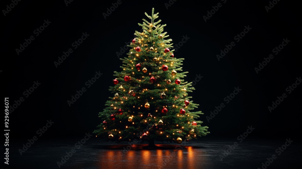 Decorated Christmas tree with lights and ornaments against a black background. Decorated Christmas tree with lights and ornaments against a black background.