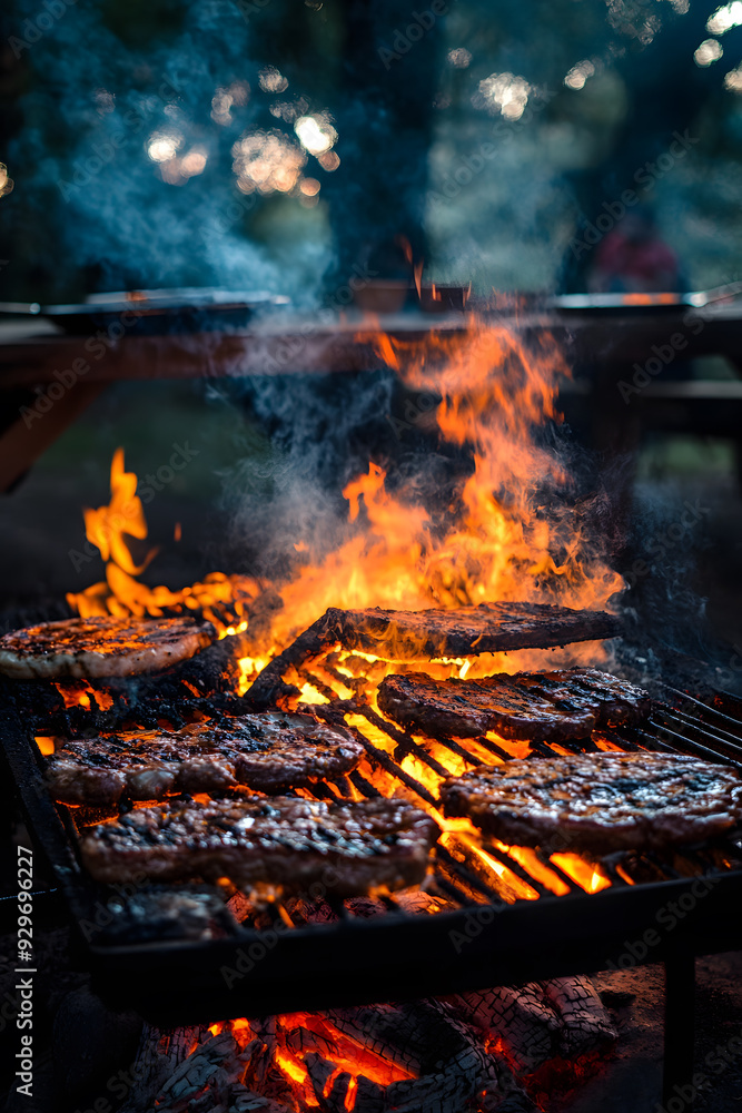 Outdoor grill cooking at campfire. Grilling up a delicious meal
Outdoor grill cooking at campfire. Grilling up a delicious meal