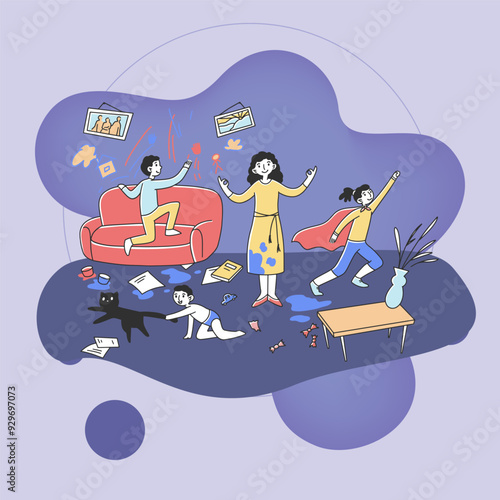 Calm mother meditating in chaos flat vector illustration. Mischievous and naughty children playing and destroying room. Parenting and behavior concept