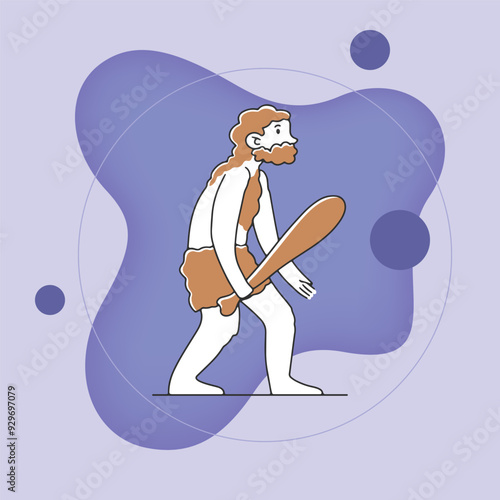 Ancient man with club weapon flat vector illustration. Human evolution, anthropology, history, anthropoid primate concept for banner or poster design