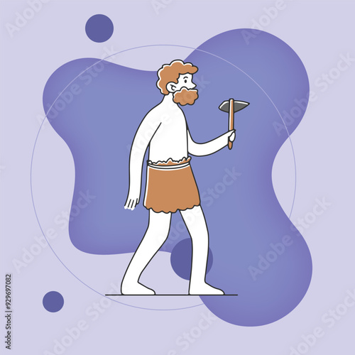 Archaic human with ancient weapon flat vector illustration. Side view. Human evolution, anthropology, history, homo sapiens concept for banner or poster design