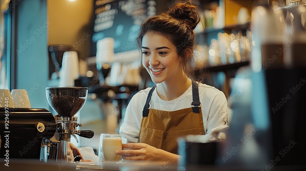 Image of a woman serving customers at a coffee shop counter. Image of a woman serving customers at a coffee shop counter.
