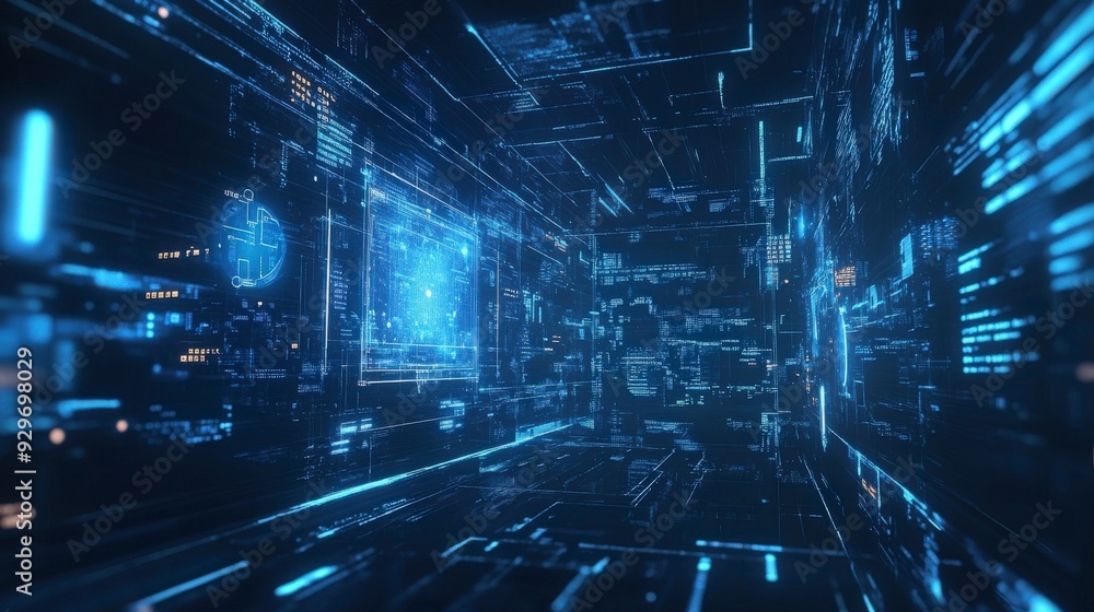 Abstract digital data tunnel with blue glowing lines and code. Abstract digital data tunnel with blue glowing lines and code.