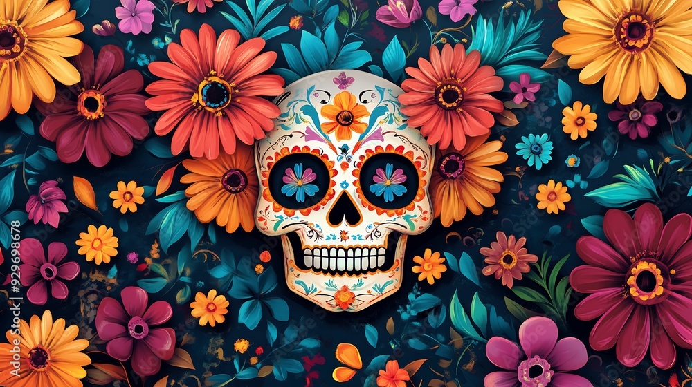 Happy Dia De Muertos Background, Day of the Dead, Decoration skull and flowers with leaves, traditional Mexico celebration, background. Sugar skull Happy Dia De Muertos Background, Day of the Dead, Decoration skull and flowers with leaves, traditional Mexico celebration, background. Sugar skull