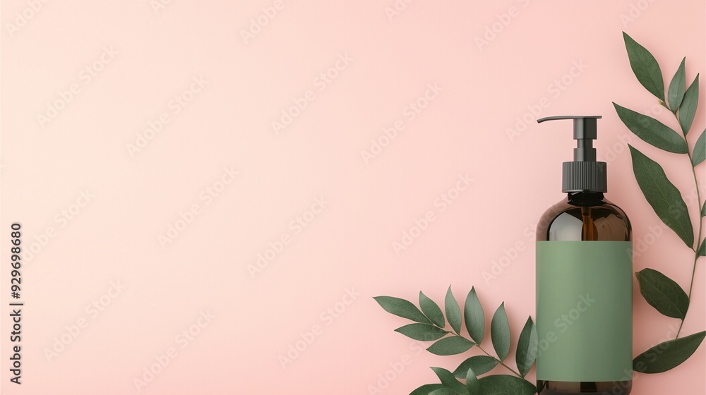 Organic chemical-free products theme: Amber pump bottle with green leaves on a pastel pink background
Organic chemical-free products theme: Amber pump bottle with green leaves on a pastel pink background