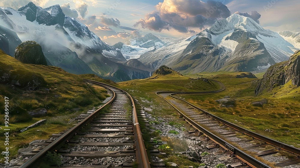 Fototapeta premium Curved railway tracks passing through a rocky landscape with autumn colors. Train tracks curving around a mountain landscape. Generative by AI