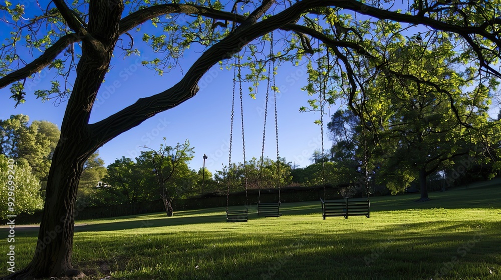 Obraz premium Empty swings hanging from chains in a park, viewed from below against a bright blue sky with scattered clouds. Generative by AI