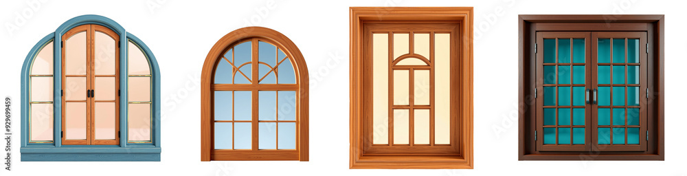 set of wooden windows isolated on transparent background.generative AI set of wooden windows isolated on transparent background.generative AI