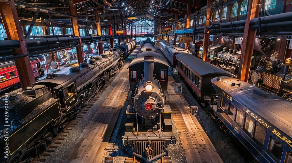 Interior view of a large train station with multiple vintage steam locomotives on display. The station features several trains on parallel tracks under an industrial-style roof. Generative by AI Interior view of a large train station with multiple vintage steam locomotives on display. The station features several trains on parallel tracks under an industrial-style roof. Generative by AI