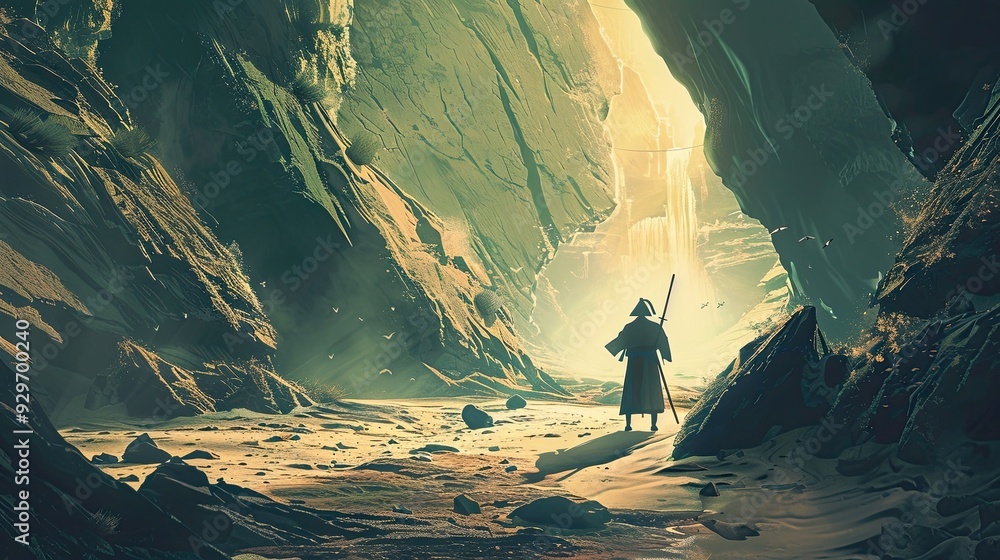 Obraz premium Solitary figure in a red cloak entering a mysterious cave surrounded by vivid red foliage. Dark and atmospheric scene with a sense of exploration. Generative by AI