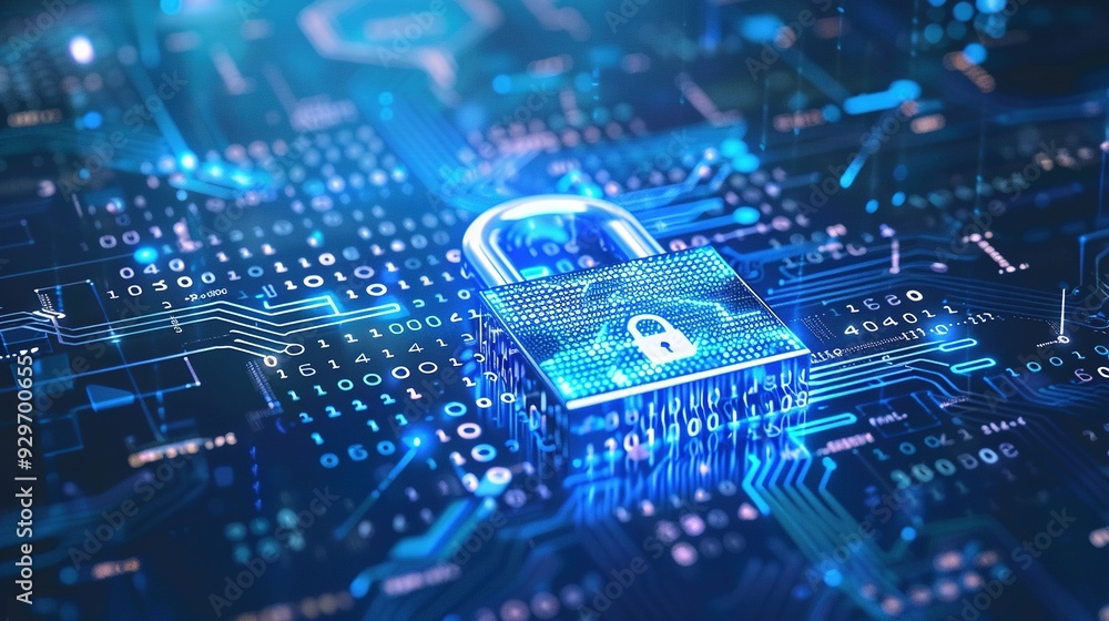 Blue and White Background Featuring a Digital Padlock with Binary Code and Futuristic Circles: Cybersecurity Illustration Blue and White Background Featuring a Digital Padlock with Binary Code and Futuristic Circles: Cybersecurity Illustration