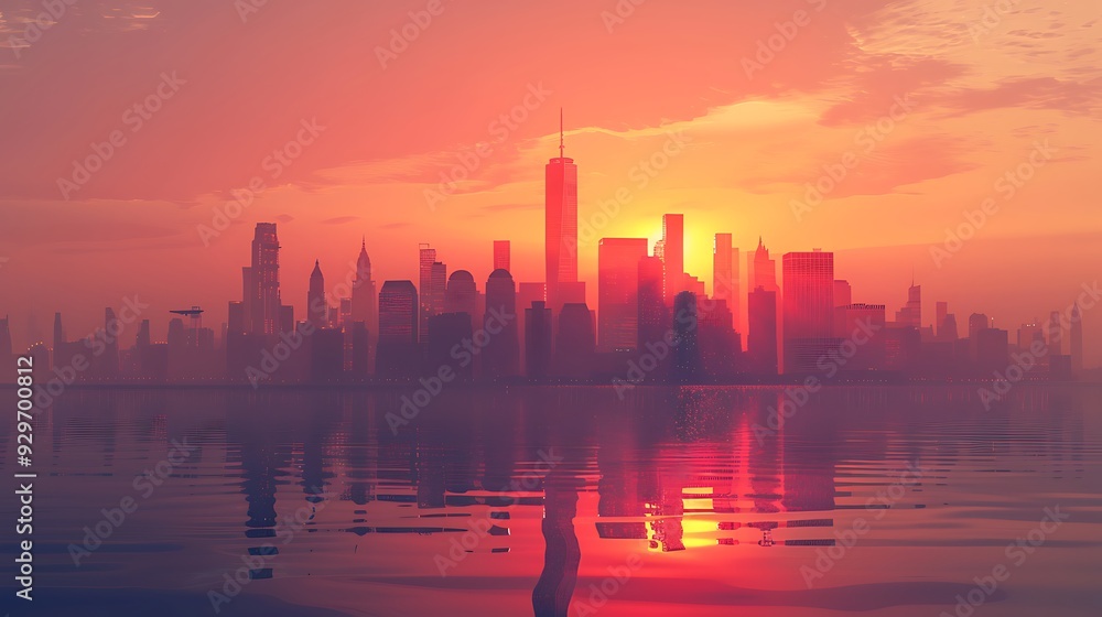 Fototapeta premium Panoramic cityscape silhouette at sunset with a reflection of the sky and buildings on the water.