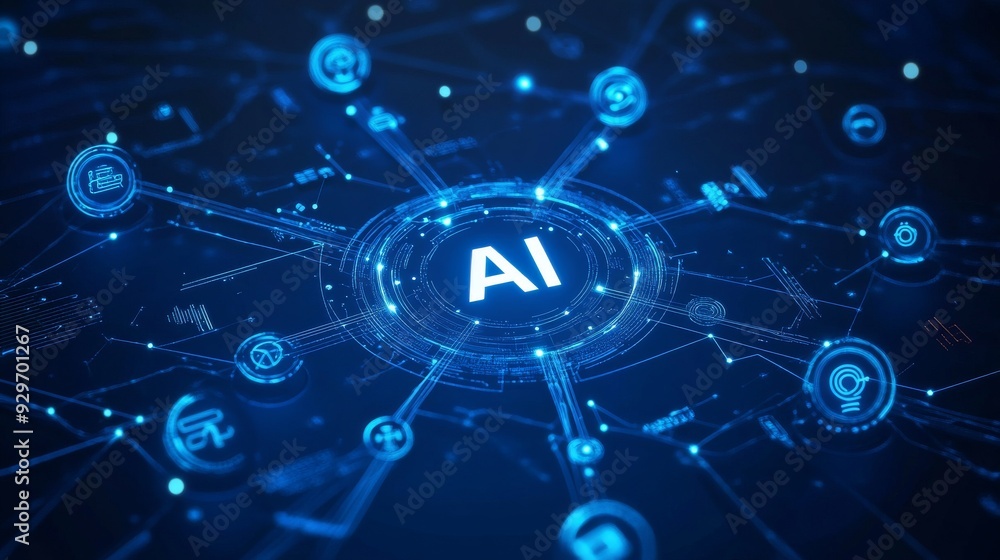 AI digital icon connected to various icons representing artificial intelligence, including neural networks and robots, set against a blue background. AI digital icon connected to various icons representing artificial intelligence, including neural networks and robots, set against a blue background.