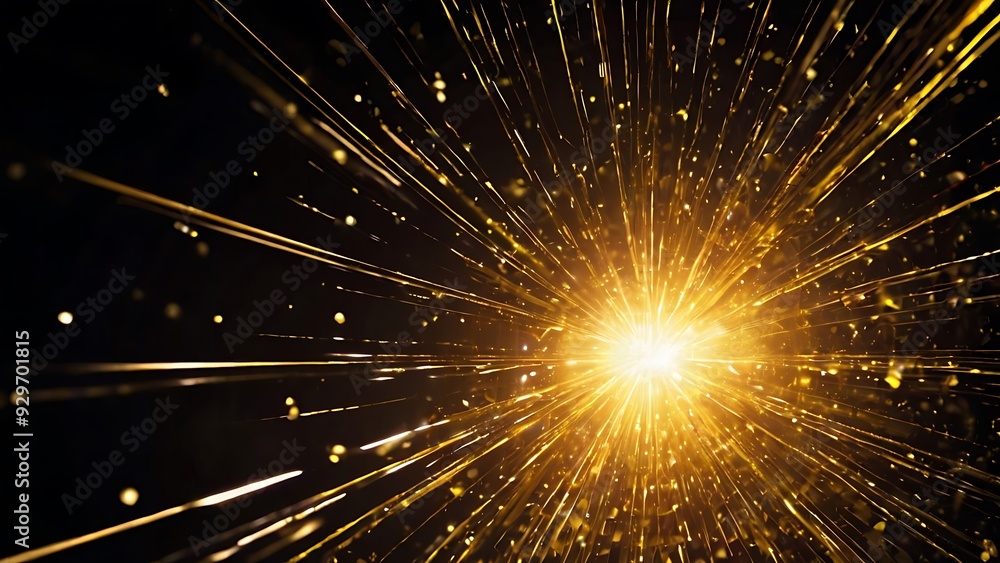 Obraz premium Bright explosion of golden and yellow light with black background, shiny light burst on solid black surface, abstract background