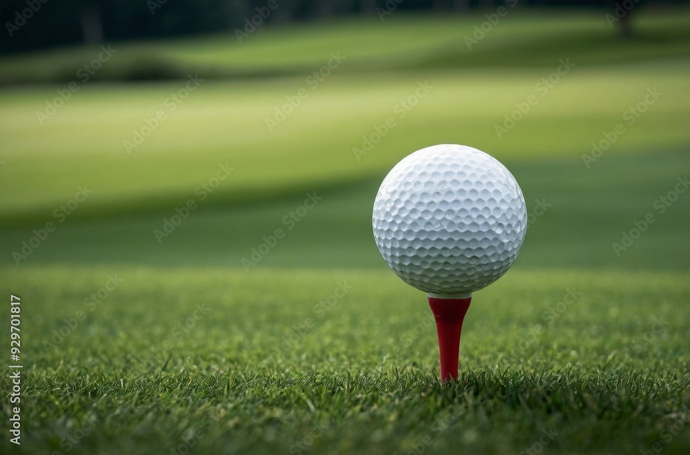 White golf ball on red tee on green golf course White golf ball on red tee on green golf course