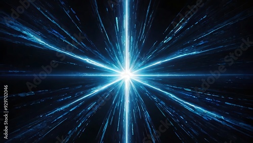 Bright explosion of blue light with black background, shiny light burst on solid black surface, abstract background