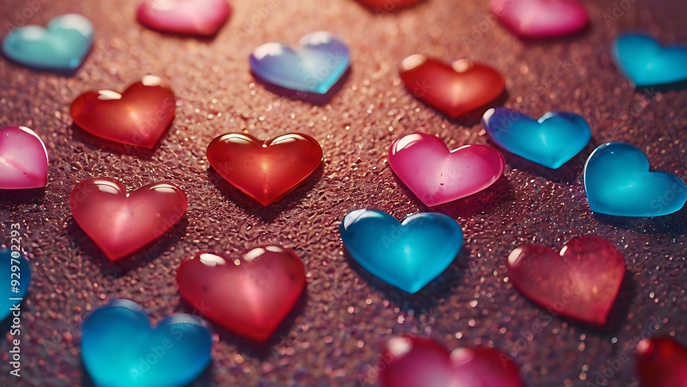 Obraz premium Heart shaped objects hanging and floating with unique pink colors on blue background wallpaper illustration, love, romance and valentine