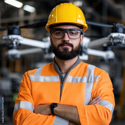 A confident engineer stands with crossed arms in a safety jacket and hard hat, showcasing expertise in drone technology.