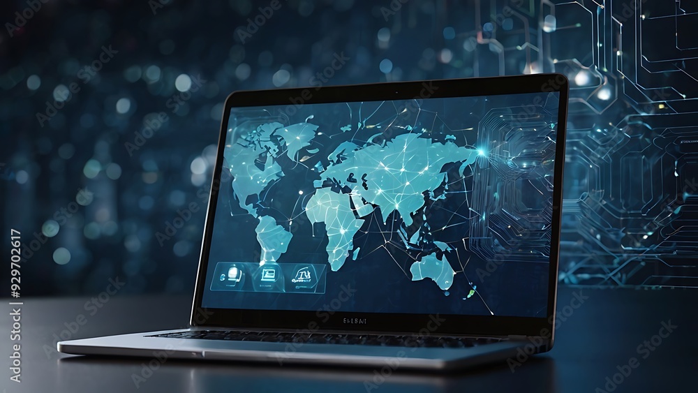laptop monitor showing digital world map, data and technology concept laptop monitor showing digital world map, data and technology concept