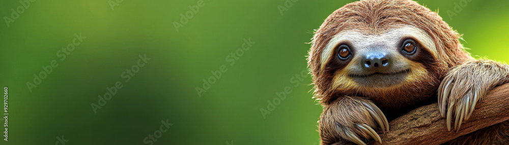 A cute sloth hanging on a branch with a green blurred background. Perfect for wildlife and nature-related projects. A cute sloth hanging on a branch with a green blurred background. Perfect for wildlife and nature-related projects.