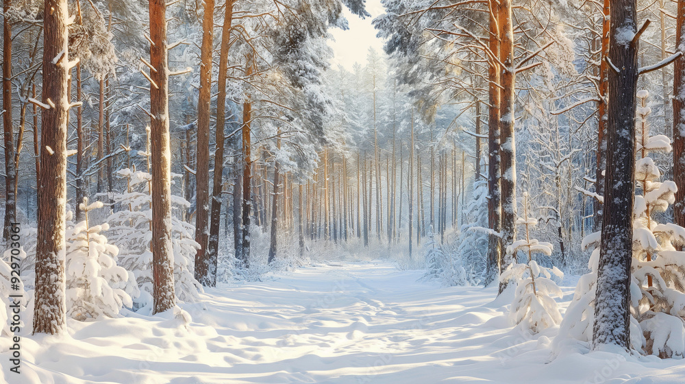 Winter, Snow-covered forest with tall pine trees Winter, Snow-covered forest with tall pine trees