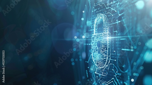 Digital Padlock Illustration with Binary Code and Futuristic Circles on a Blue and White Background: Cybersecurity Concept
