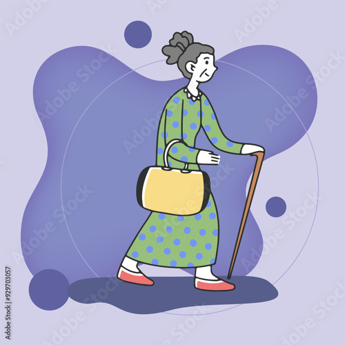 Senior woman walking with cane flat vector illustration. Grandmother with bag going shopping. Lifestyle, retirement, old age concept