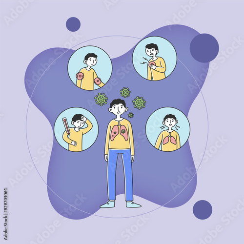 Person having pneumonia symptoms. Sick man suffering from cough, fever, headache, respiratory disease. Vector illustration for health, infection, pneumonia concept