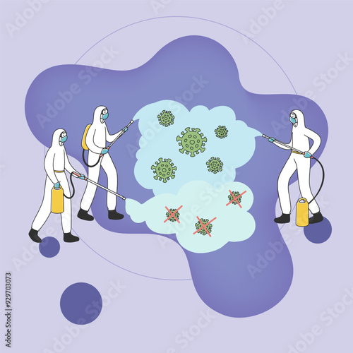 Street and public places disinfection. Men wearing protective suits spraying sanitizing chemicals and killing virus. Vector illustration for coronavirus, pandemic, outbreak concept
