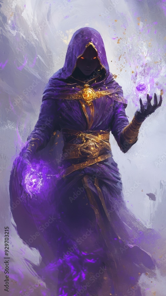 Mage wearing a purple and gold magic outfit and performing alchemy. Witch, wizard, sorcerer Mage wearing a purple and gold magic outfit and performing alchemy. Witch, wizard, sorcerer