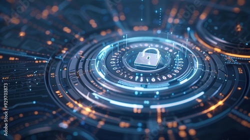 Wallpaper Mural Binary Code and Futuristic Circles on a Blue and White Background: Digital Padlock Illustration for Cybersecurity Torontodigital.ca