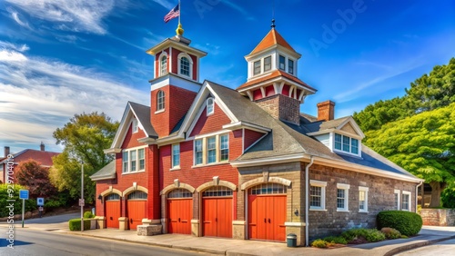 Historic Seaside No.1 fire station with vintage charm stands at 14 Church Street in the quaint town center of Manchester-by-the-Sea, Cape Ann, Massachusetts, USA.