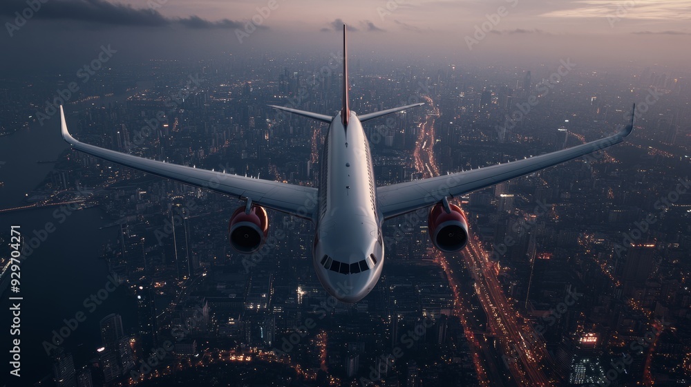 An airplane soaring above a cityscape at night An airplane soaring above a cityscape at night