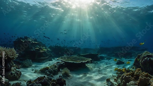 Underwater coral landscape view life nature with sunlight on top of water, sun rays going to deep of the ocean water