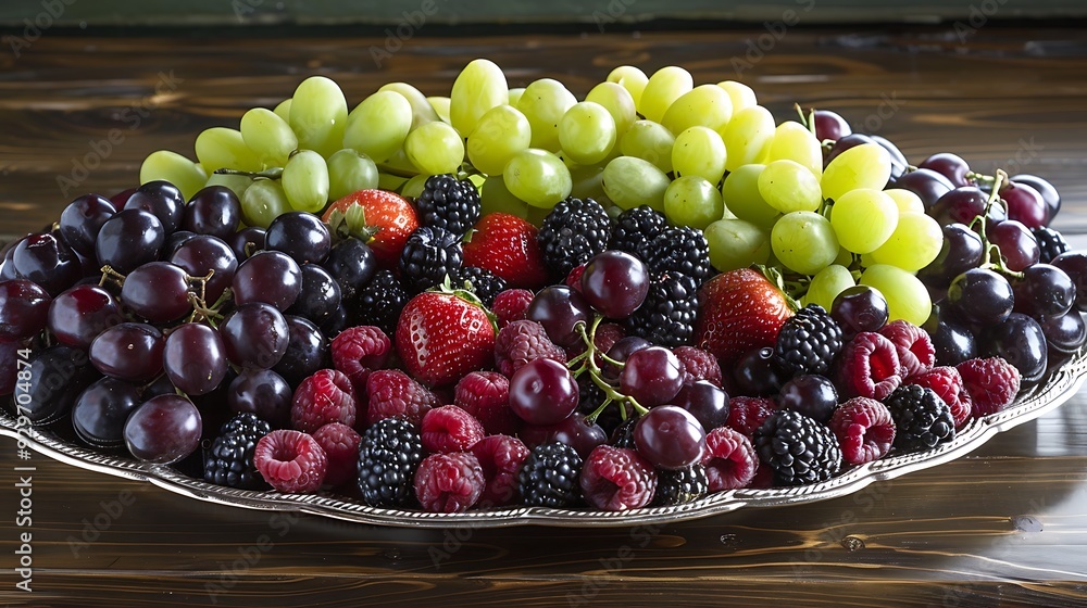 A platter of fresh luscious berries including blackberries cherries and grapes A platter of fresh luscious berries including blackberries cherries and grapes