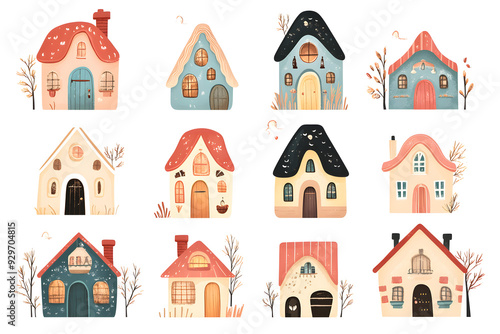 Cute adorable tiny houses watercolor collection in pink pastel colors, isolated on a white background	