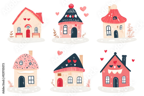 Cute winter tiny houses with warm hat watercolor collection isolated on a white background 