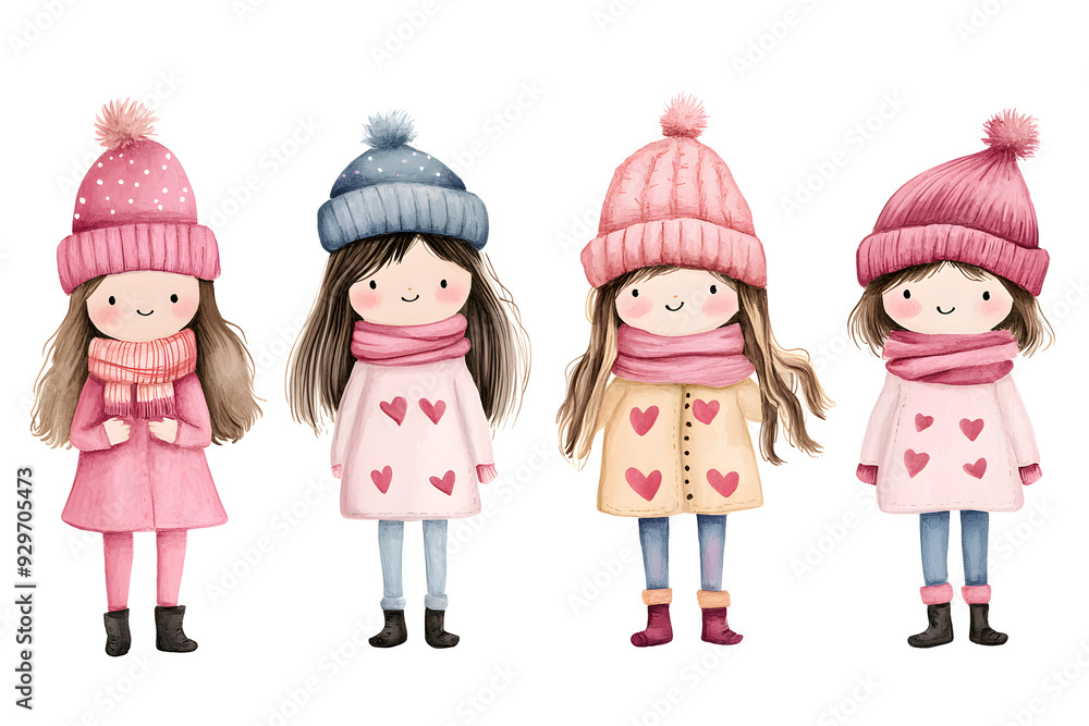 Watercolor style cartoon illustration set of cute girls wearing warm winter clothes, isolated on white background Watercolor style cartoon illustration set of cute girls wearing warm winter clothes, isolated on white background
