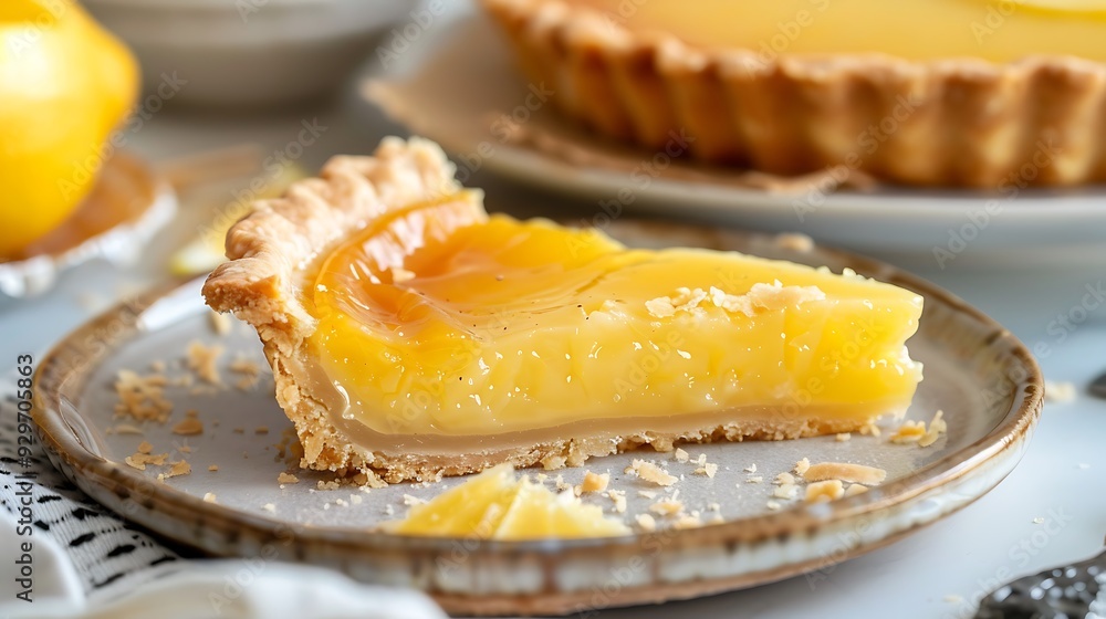 A portion of rich lemon tart topped with a flaky crust A portion of rich lemon tart topped with a flaky crust