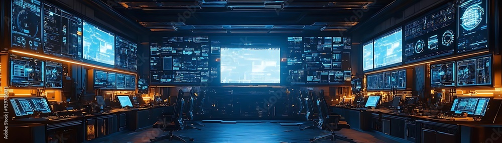 Cyberpunk Control Room with Multiple Monitors 3D Illustration Cyberpunk Control Room with Multiple Monitors 3D Illustration