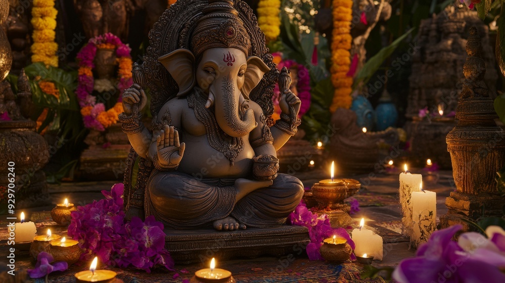 Obraz premium Ganesha Statue Surrounded by Candles and Flowers.