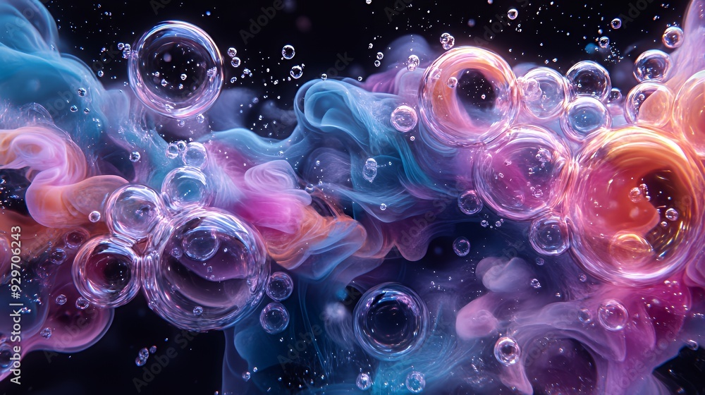 Abstract swirls of pink, blue and orange paint mixed with water, bubbles and air. Abstract swirls of pink, blue and orange paint mixed with water, bubbles and air.