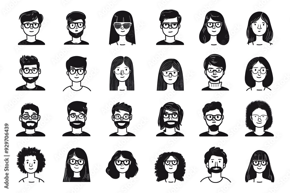 Black cartoon hand drawn characters for avatar collection isolated on white background. Simple shapes and lines people for mobile game or app interface Black cartoon hand drawn characters for avatar collection isolated on white background. Simple shapes and lines people for mobile game or app interface