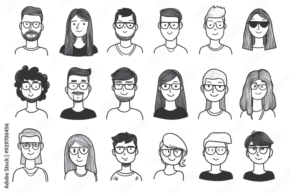 Black cartoon hand drawn characters for avatar collection isolated on white background. Simple shapes and lines people for mobile game or app interface