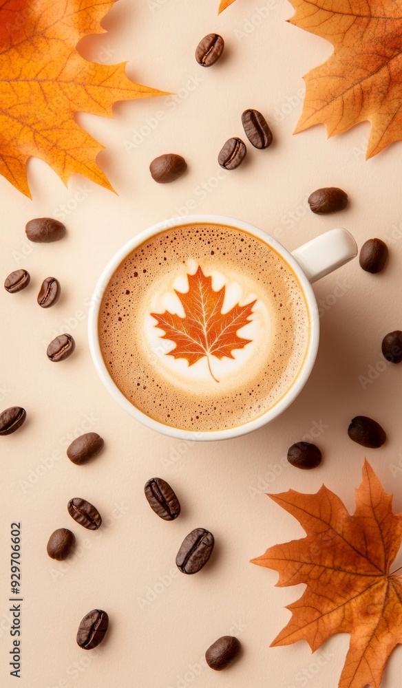 A top-down view of a coffee cup with maple leaf latte art, surrounded by coffee beans and autumn leaves on a cozy cloth background. A top-down view of a coffee cup with maple leaf latte art, surrounded by coffee beans and autumn leaves on a cozy cloth background.