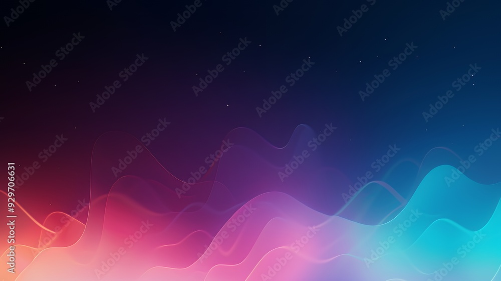 Fototapeta premium Abstract background featuring colorful glowing waves in pink, purple, and blue gradients over a dark, starry night sky.